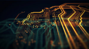 Orange and green technology background circuit board and code