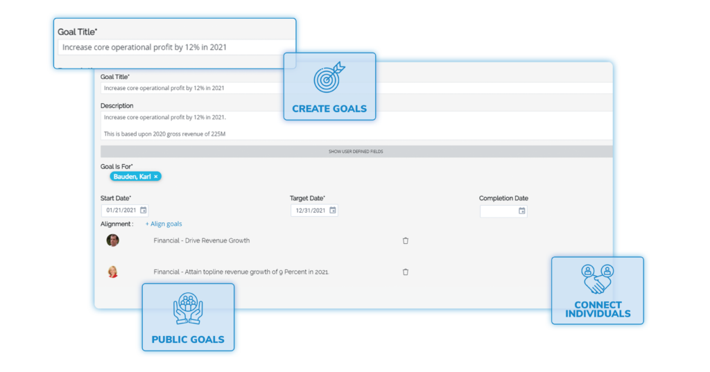 A screenshot of HRSoft's pay for performance software that highlights the ability to create goals, establish public goals and connect individuals