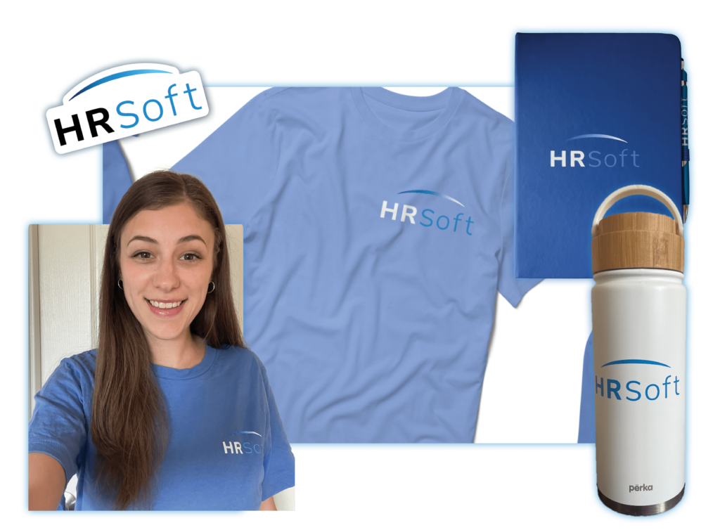 Collage of HRSoft swag, including a shirt, notebook, water bottle and sticker