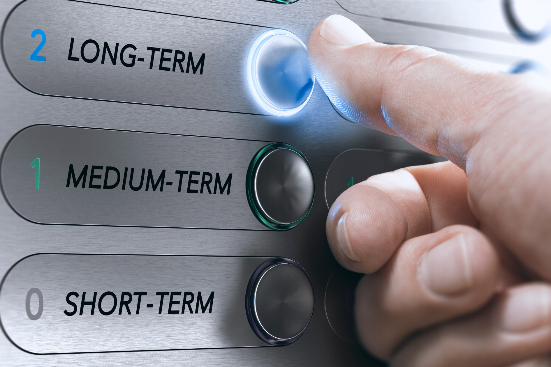 Finger pressing a glowing “Long-Term” button above “Medium-Term” and “Short-Term” options, symbolizing a long-term incentive plan strategy.