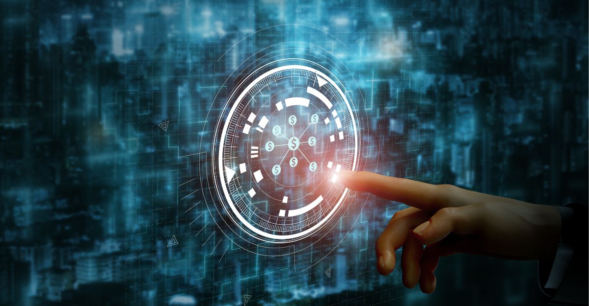 A hand interacts with a glowing digital interface displaying interconnected dollar symbols, representing a smart, technology-driven compensation ecosystem