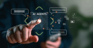 A person interacts with a digital interface labeled “AI Agents,” symbolizing autonomous AI systems that execute tasks and reason independently — reflecting HRSoft Intelligence’s agentic AI framework for compensation management.