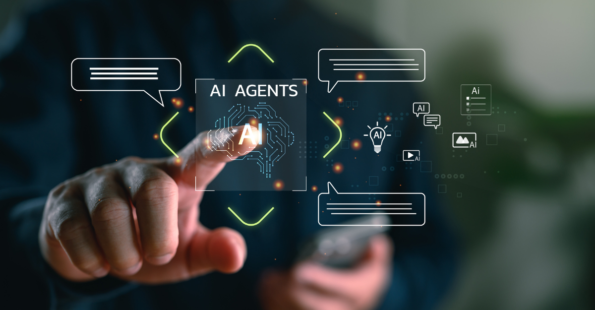A person interacts with a digital interface labeled “AI Agents,” symbolizing autonomous AI systems that execute tasks and reason independently — reflecting HRSoft Intelligence’s agentic AI framework for compensation management.