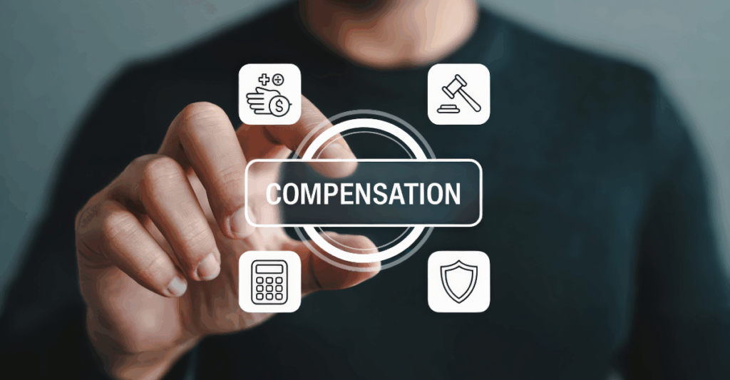 A person in a dark shirt touches a transparent digital interface displaying the word “Compensation” surrounded by icons representing pay, benefits, legal compliance, a calculator, and security.