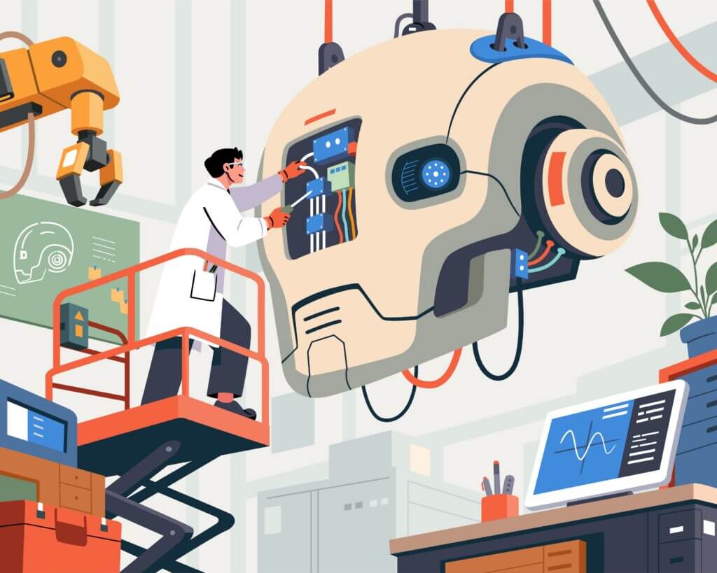 Illustration of an AI robot and a person working together in a digital office