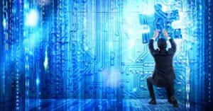 Conceptual image of a man putting together the pieces of a tech solution